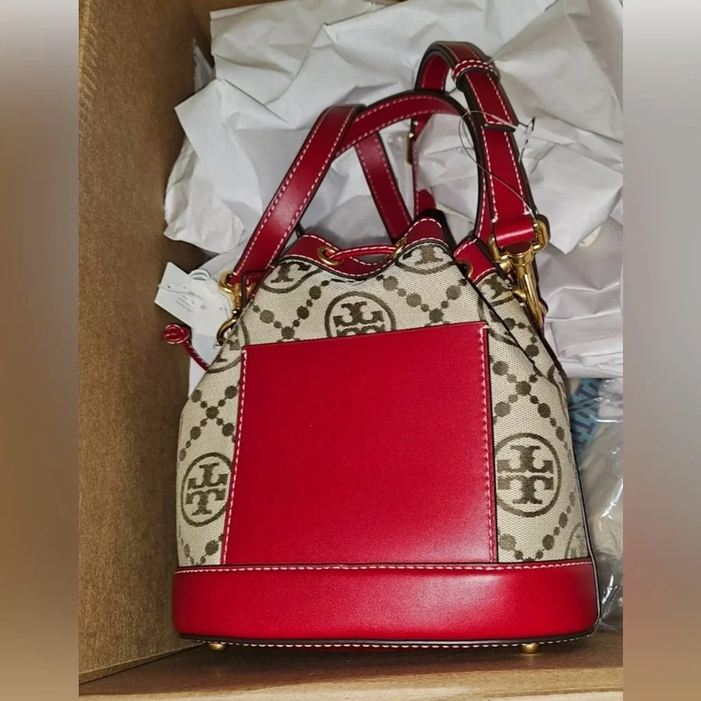 Tory Burch Red and Brown Monogram bucket bag NWT Beautiful!